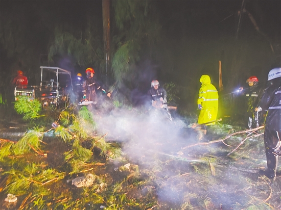 風雨勢頭稍減，川島鎮(zhèn)政府迅速聯(lián)合臺山市交通陸島開發(fā)公司、臺山市川山群島旅游發(fā)展有限公司奔赴山咀港進港路開展路面清障工作。川島鎮(zhèn)供圖
