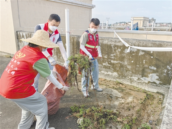 廣大黨員干部當(dāng)先鋒，圖為鶴山市桃源鎮(zhèn)黨員干部正在清理天臺(tái)垃圾。