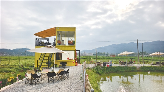 由兩個(gè)黃色集裝箱改造而成的咖啡店“塘邊小苑”靜立在田野之間。游客們圍坐在魚塘邊，喝咖啡、看風(fēng)景，不時(shí)舉起手機(jī)拍照。