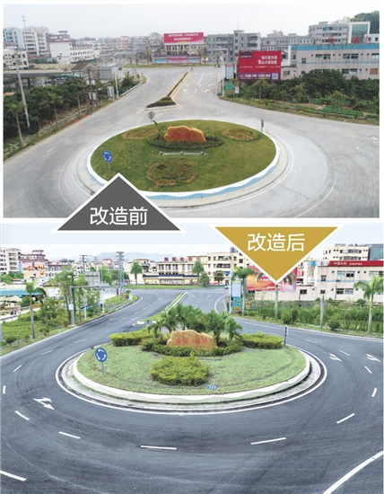 海宴鎮(zhèn)入口通道改造后，道路拓寬平整、綠化景觀升級、環(huán)島標識醒目，通行效率與顏值雙提升。