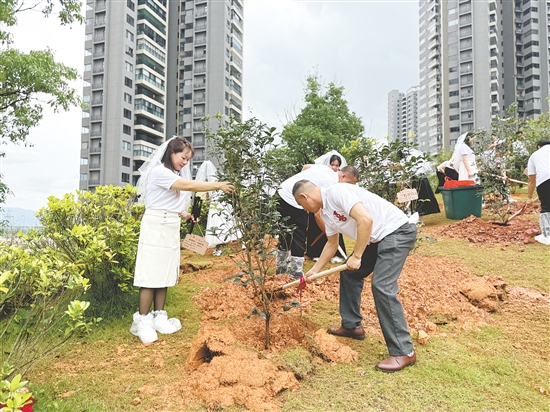 新人們前往福美山公園植樹區(qū)，以植樹添綠的方式見證愛情，寓意愛意永恒、相守白頭。