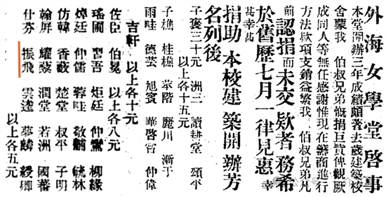 1912年8月《民生日?qǐng)?bào)》刊登《外海女學(xué)堂啟事》，在鄉(xiāng)賢捐資辦學(xué)的芳名榜單中，“振飛”之名赫然在列。陳飄石供圖